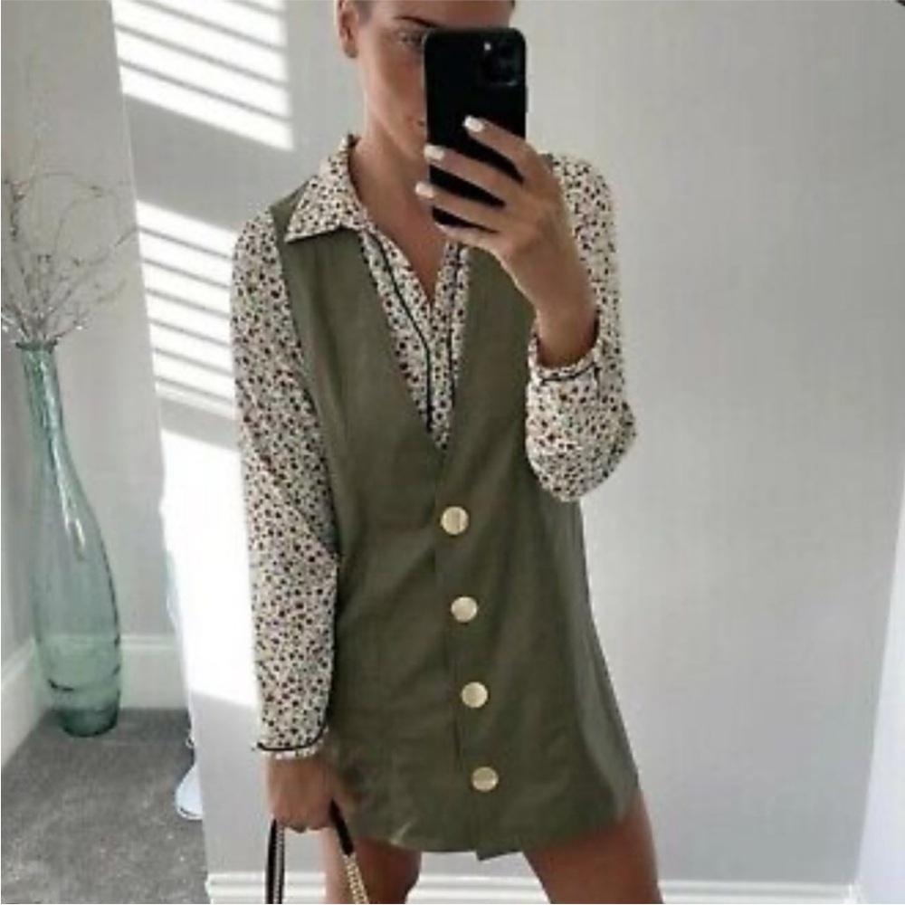 ZARA Faux Leather Pinafore Dress Green with Gold Buttons Size Medium - Picture 3 of 10